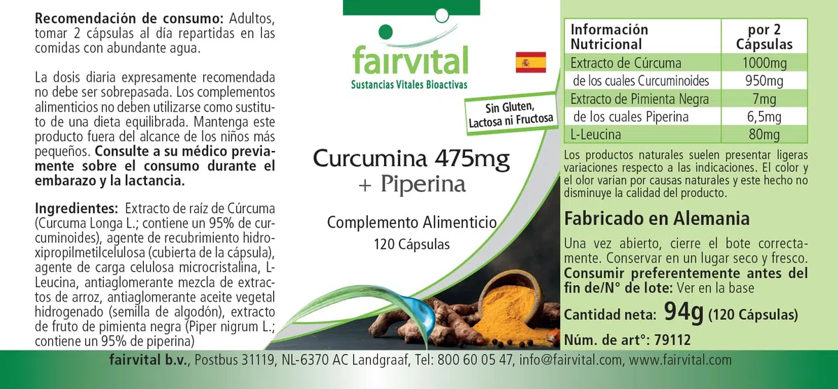 fairvital Gélules de curcuma, 500mg d'extrait de curcuma par gélule, 120 gélules, HAUTEMENT DOSÉES, curcumine 95% avec biopérine (pipérine)