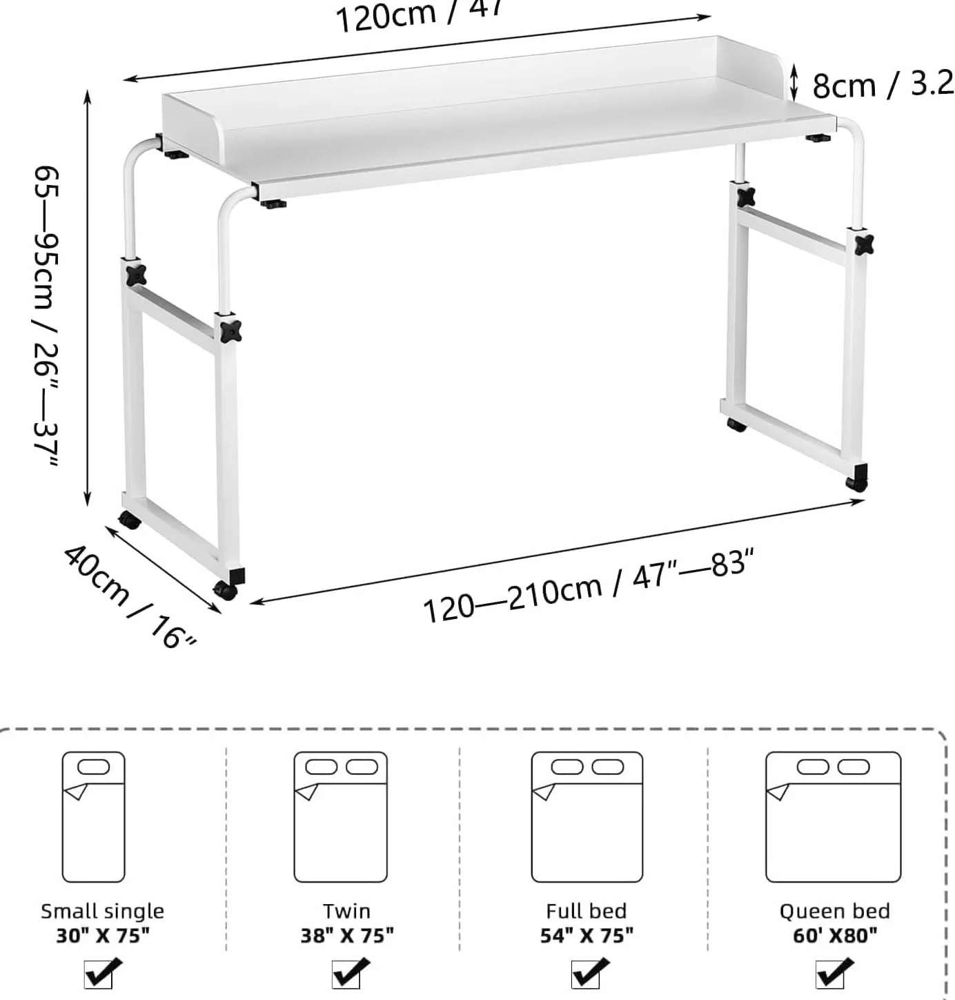 Table de lit réglable en hauteur avec roulettes, 120 à 210 cm, bureau mobile sur lit, canapé ou bureau, support réglable de 65 à 95 cm, chariot mobile pour ordinateur portable, bureau