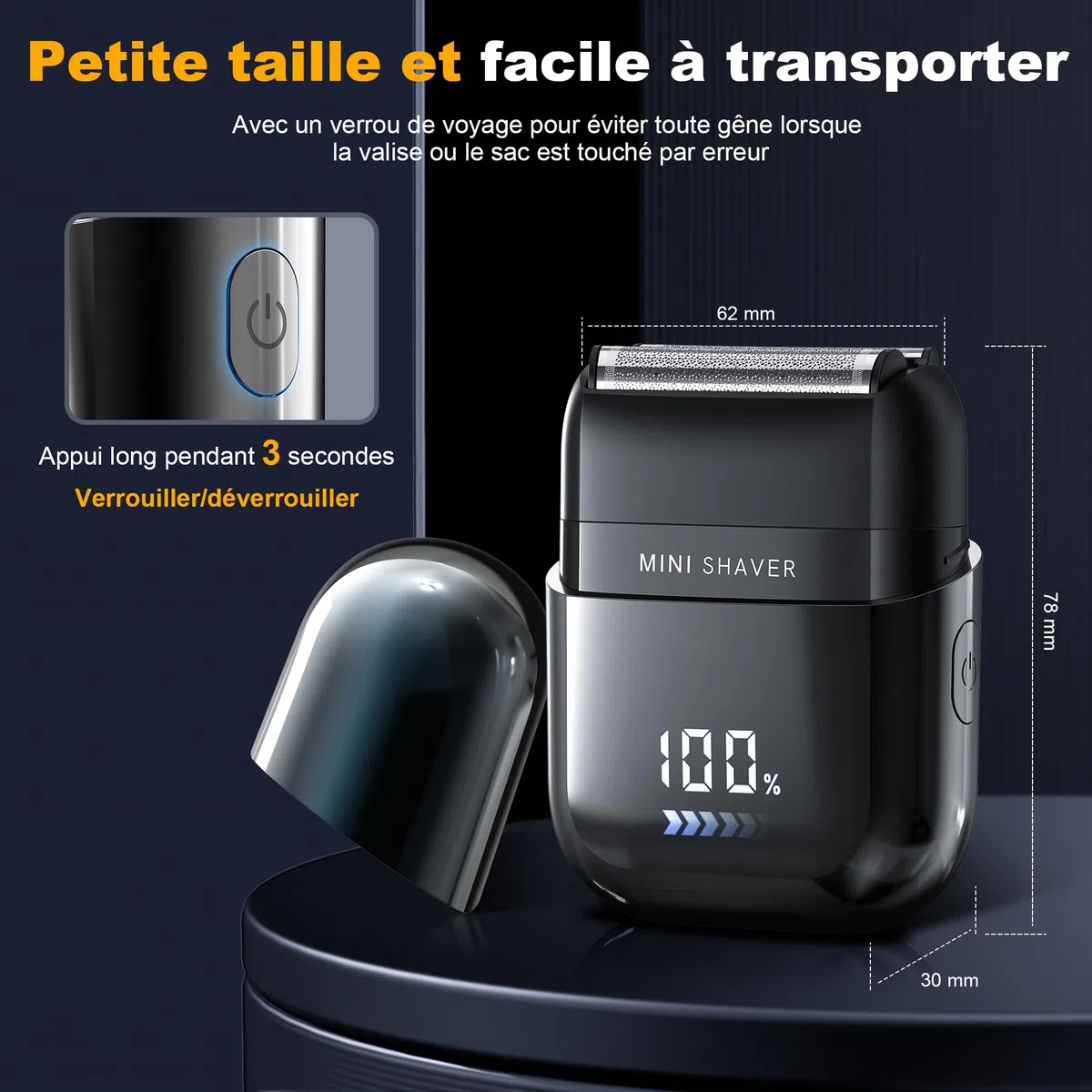 Mini Rasoir Électriques pour Hommes avec Affichage LED, Rasoir Électrique Étanche IPX7, Mini Rasoir Portable Silencieux et Lavable, Rasoir Homme
