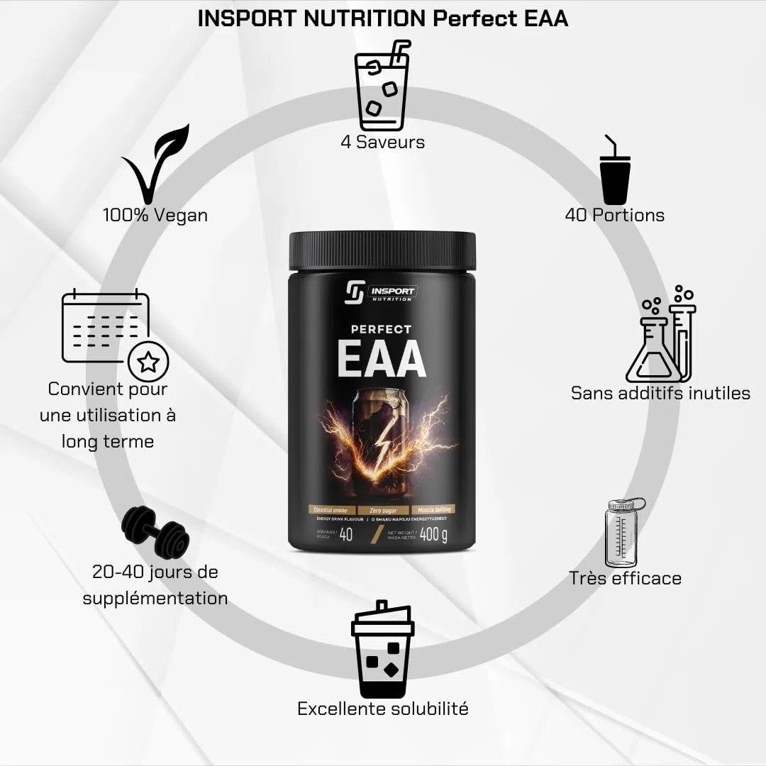 EAA PERFECT - Supplément Sportif Professionnel - Acides Aminés - Soutien à l'exercice - 40 Portions - 400g Poudre - Goût: (Energy Drink)