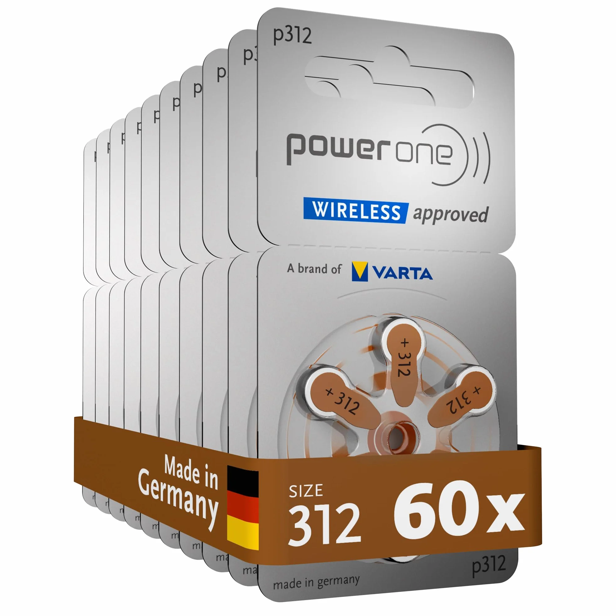 VARTA Power one Piles auditives type 312, brun, lot de 60, batteries pour Amplificateur Appareil Auditif, pour Aide Auditive, Made in Germany