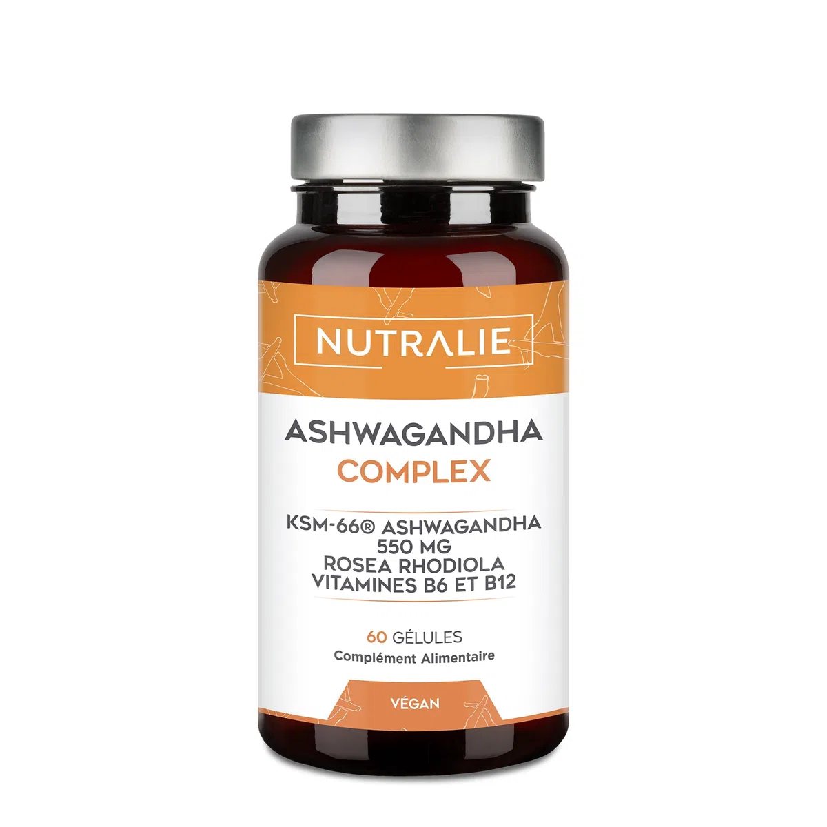 Ashwagandha KSM-66 Withanolides Rhodiola Rosea - Vit B6 B12 Ashwagandha BIO-disponible - 60 Gélules Végétalien Nutralie
