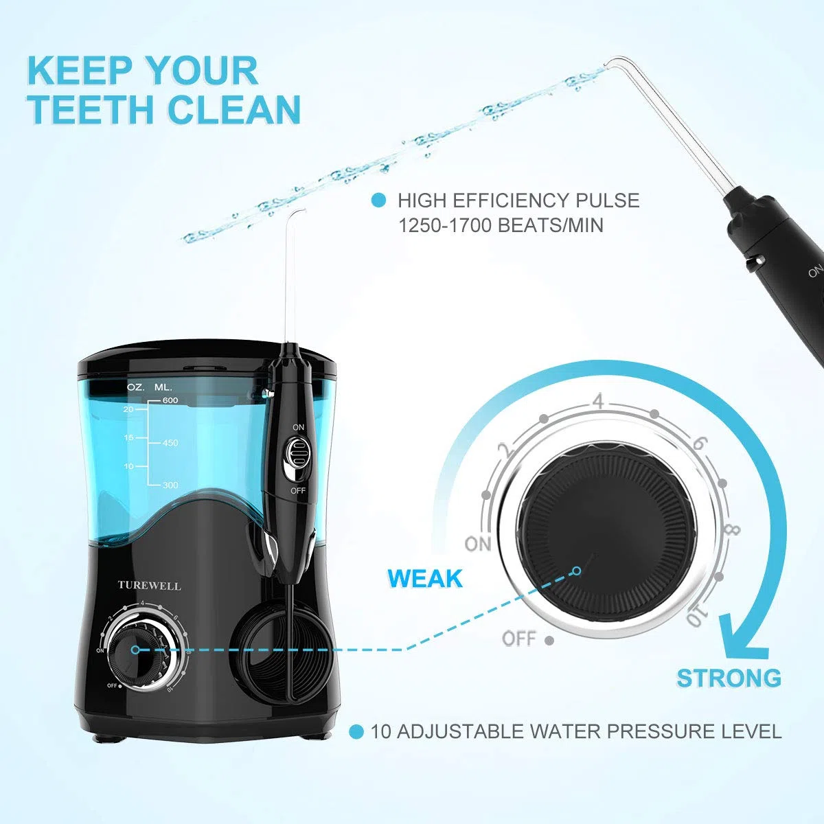 TUREWELL Hydropulseur Jet Dentaire avec 8 buses multifonctions, capacité de 600ml, 10 réglages de pression d'eau, approuvé FDA/CE Irrigateur Oral professionnel (Noir)