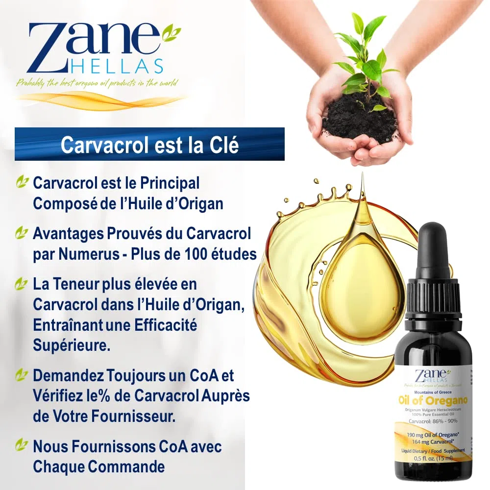 Zane Hellas 100% huile d'origan non diluée.Huile Essentielle Grecque Pure d'Origan.86% Min Carvacrol.164mg de carvacrol par portion.Probablement la meilleure huile d'origan au monde.15ml-0,5oz