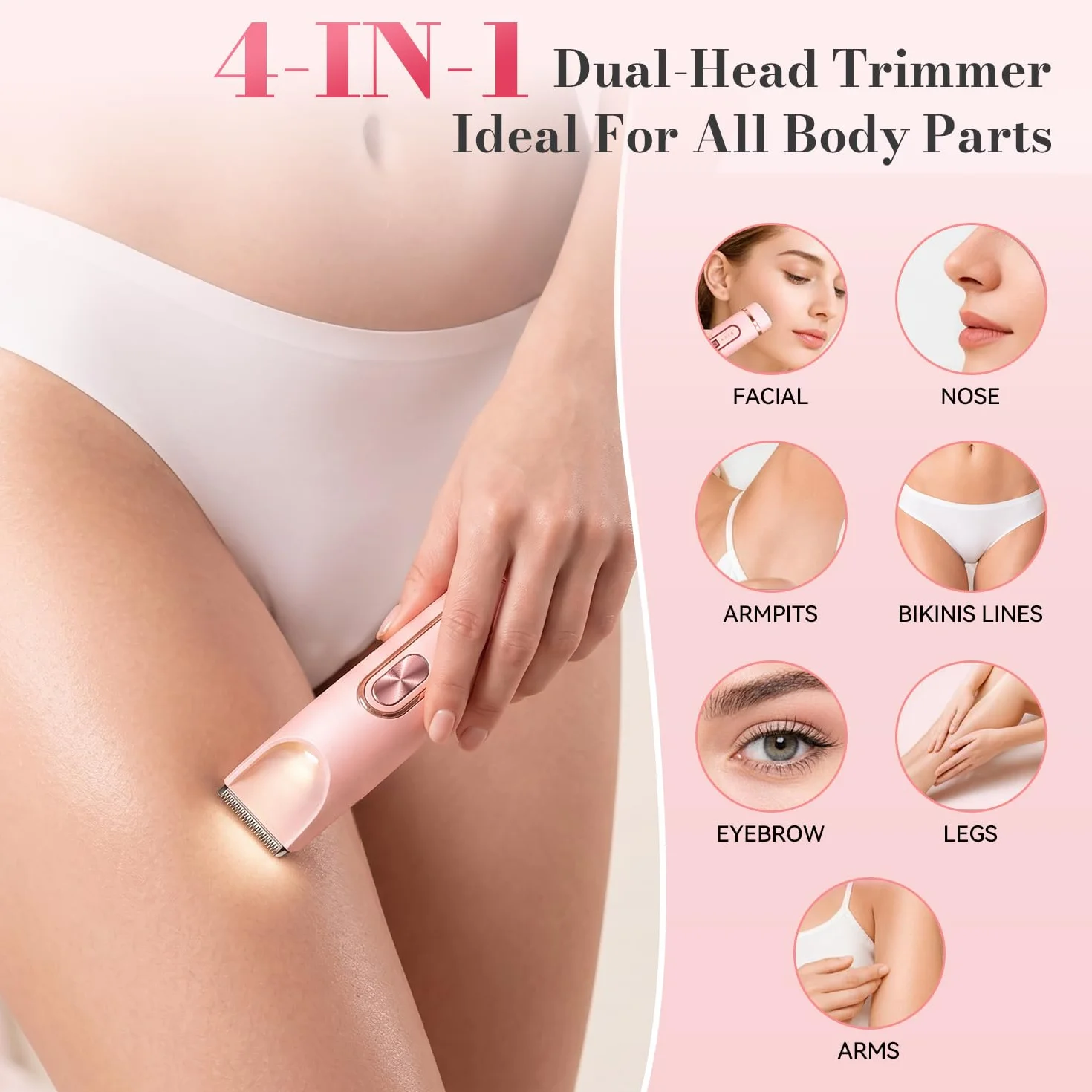 JTF Rasoir Electrique Femme 4 en 1,Double Tête Epilateur Bikini pour Femme,Tondeuse Femme pour Zone Intime Visage Sourcil Nez Aisselles & Corps – Rechargeable, IPX7 Étanche (Rose)
