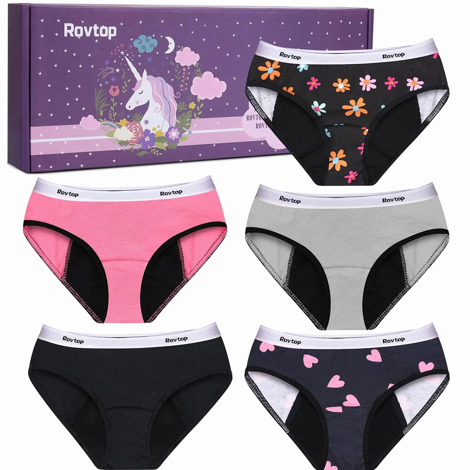 Rovtop Lot de 5 Culotte Menstruelle en Coton pour Fille Culotte Incontinence pour Enfants Adolescente Culotte Périodiques Lavable 14-16 Ans Taille XL