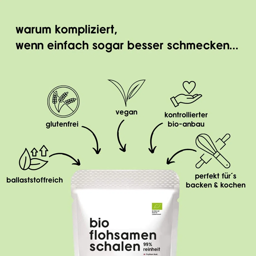 Bio Psyllium Husks 99% pureté, Qualité supérieure, faible teneur en glucides, sans gluten, vegan, riche en fibres, Superfood, Biologique, 500g sac