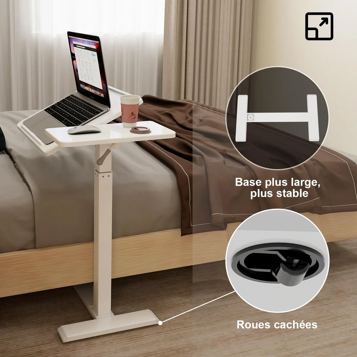 PUNCIA Table de Lit avec 4 Roues Cachées 68x40CM Bureau Debout (Blanc) | Mobile Médical Table d'Appoint Hopital Réglable en Hauteur 70-102cm pour Ordinateur Portable pour Chambre Salon Canapé
