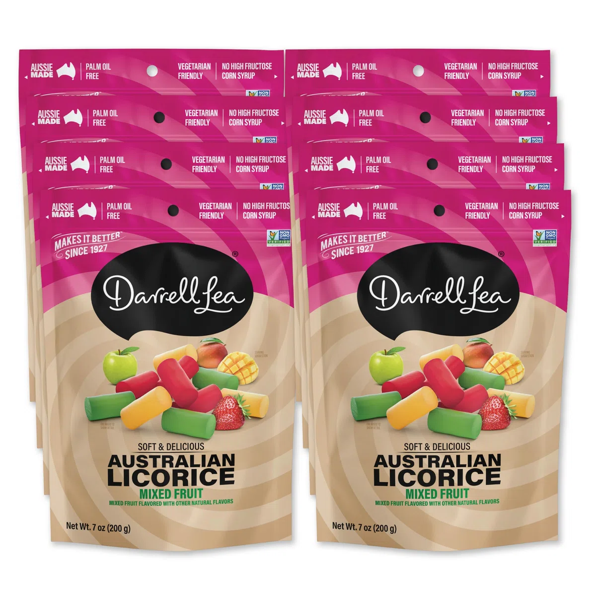 Darrell Lea Réglisse australienne douce, sans OGM, sans huile de palme, convient aux végétariens, sans sirop de maïs à haute teneur en fructose, bonbons à la réglisse doux et moelleux, fabriqués en