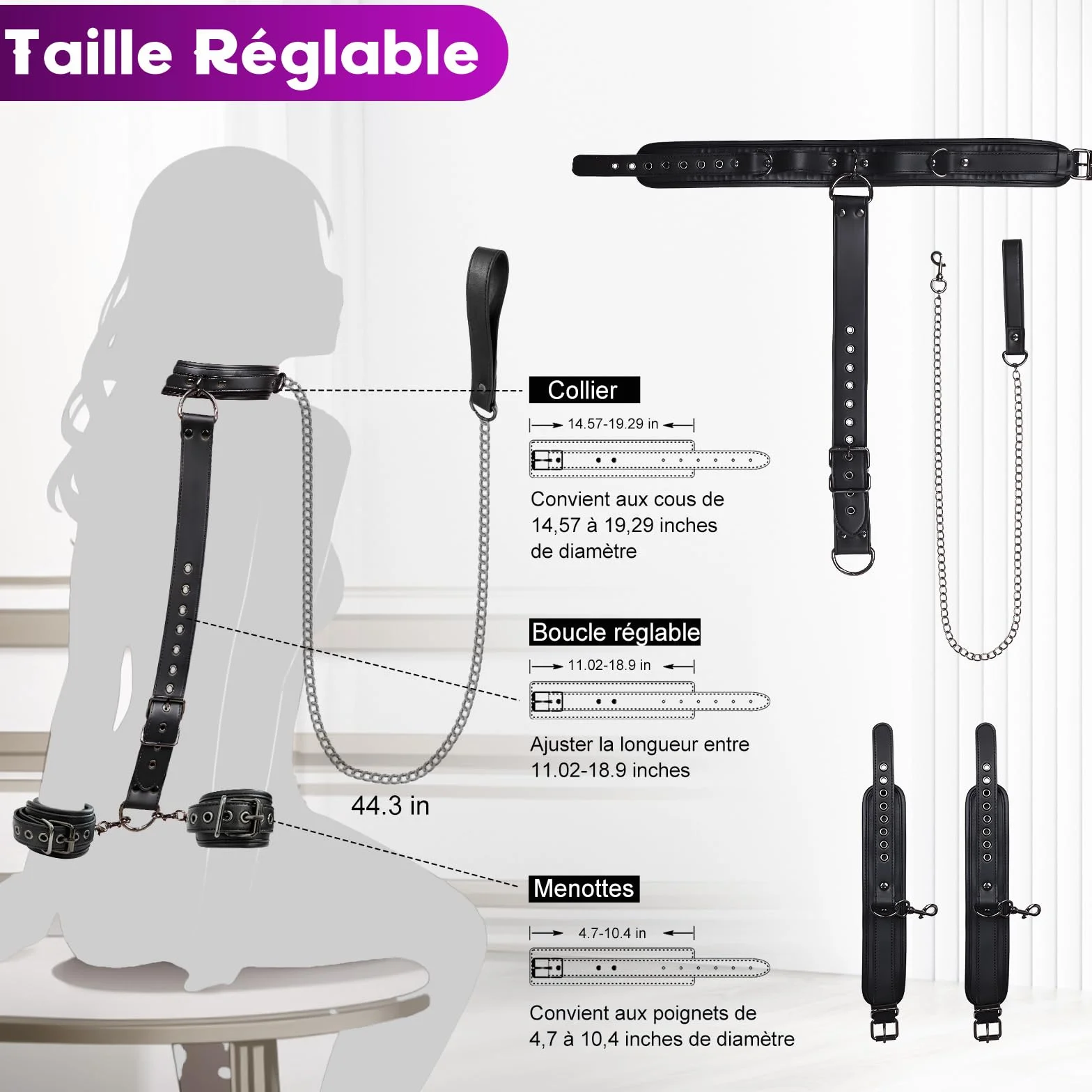 Sex Toýs Couple Femme BDSM Kits de Bondage Menottes Sex Lit,Retenue du Cou au Poignet avec Chaîne Traction, Réglables Menottes Sexy Érotique et Collier Sex Toys pour Adulte Couple Jeu de Rôle Play