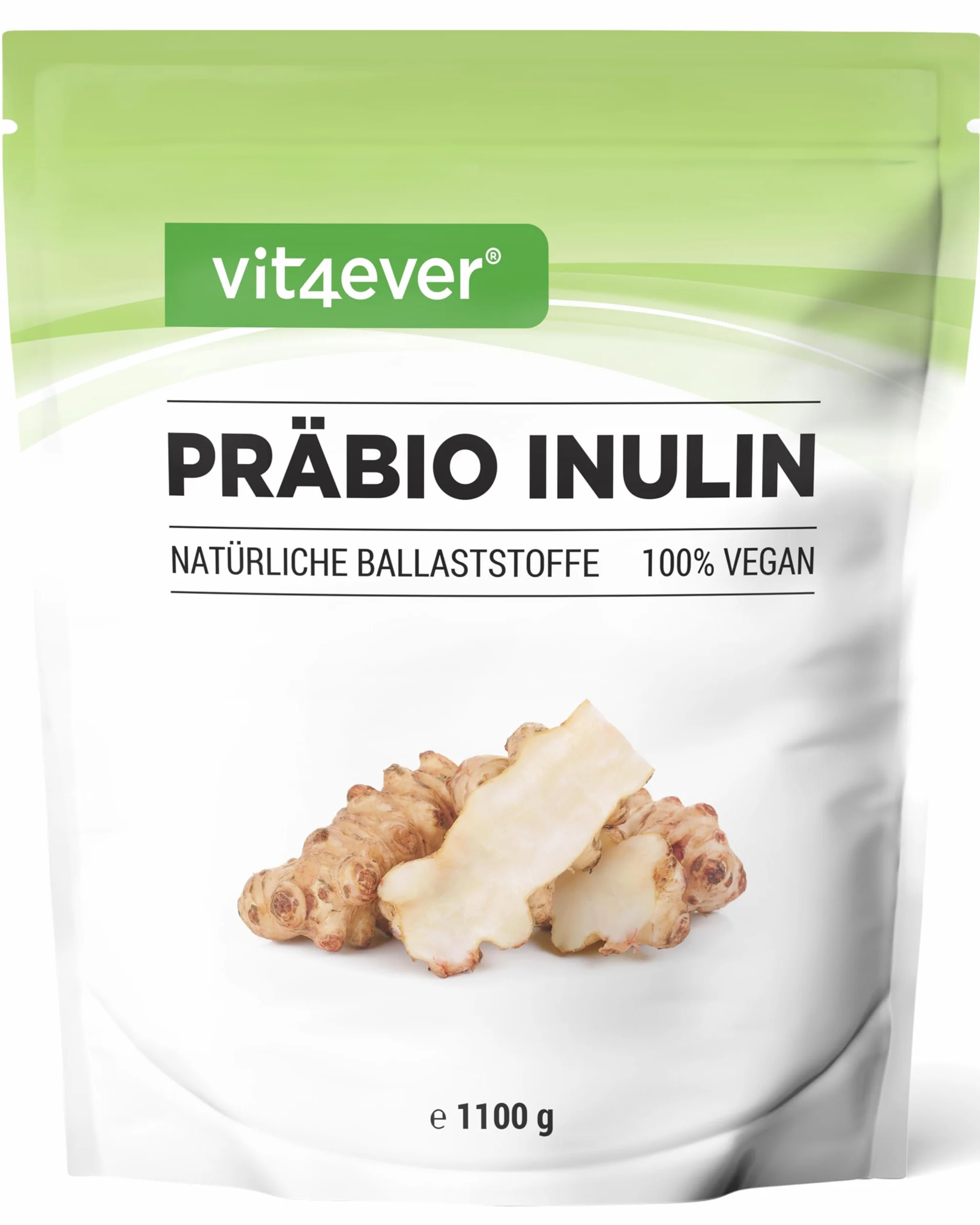 vit4ever Poudre d’Inuline Prébiotique - 1100 g (1,1 kg) - Haute Teneur en Fibres - Prébiotique - Contrôlé pour les Résidus - Origine Europe - Naturellement Issue de la Racine de Chicorée - 100% Végan