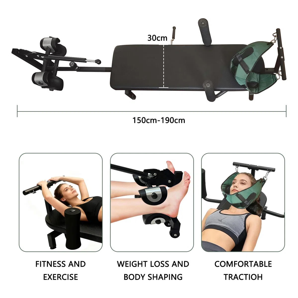 Table de traction dorsale réglable, appareil d’étirement du dos, longueur ajustable de 145 à 190 cm, avec protection airbag pour la taille, table d’étirement du dos, étirement décompressif du cou