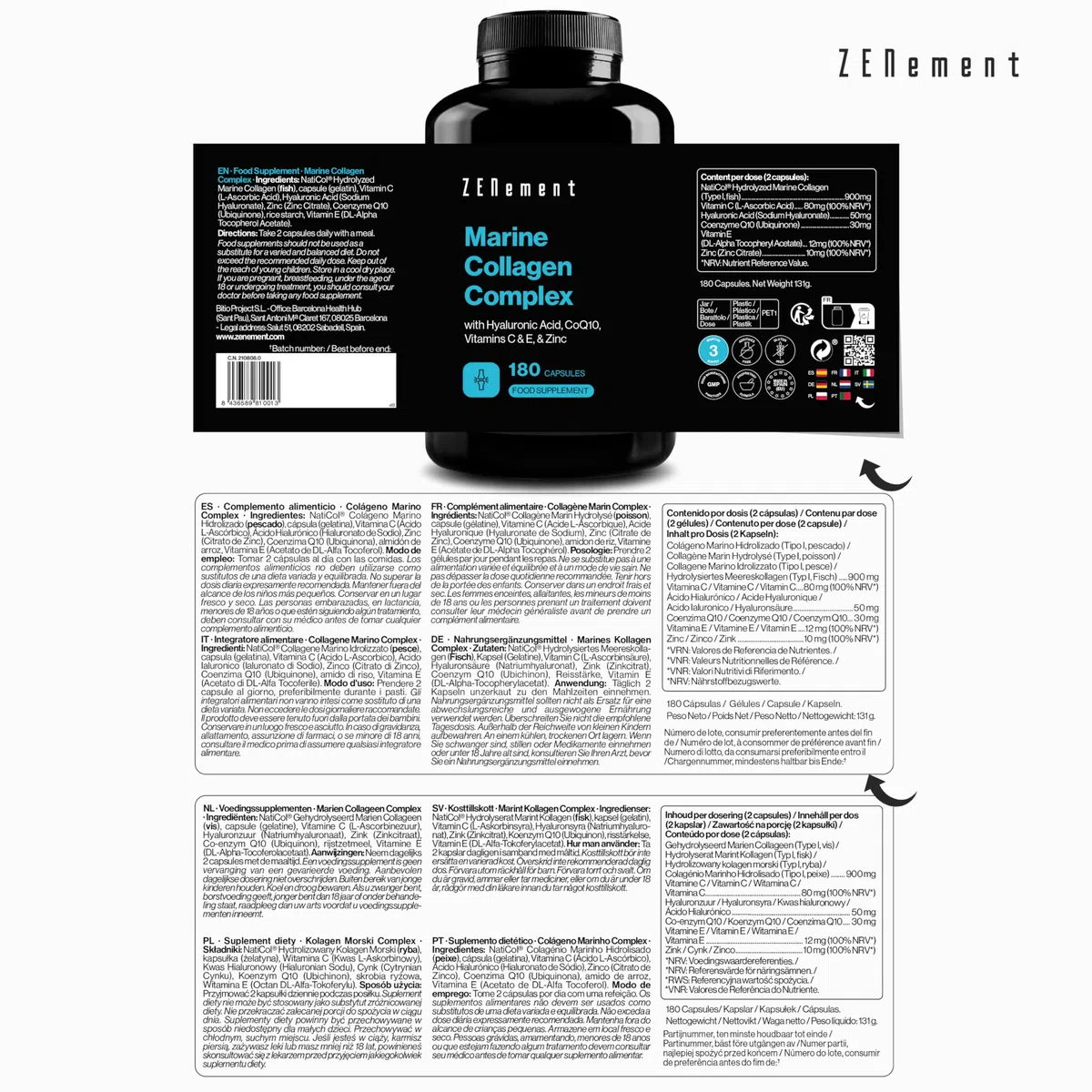 Complexe de Collagène Marin, avec Acide Hyaluronique, CoQ10, Vitamines C & E et Zinc, 180 Gélules | Supplément Articulations, Peau et Os | sans conservateur | Zenement