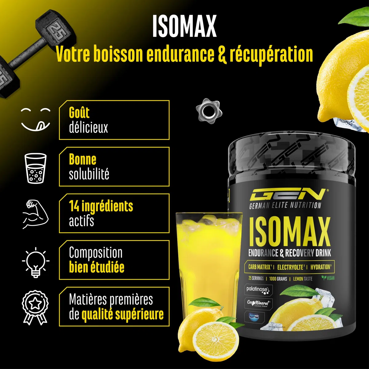 Isomax - 1000g de poudre pour boisson isotonique avec maltodextrine, glucose, eau de coco, acides aminés, électrolytes & vitamines - végétalien - avec Palatinose™, CocoMineral®, Aquamin® (citron)