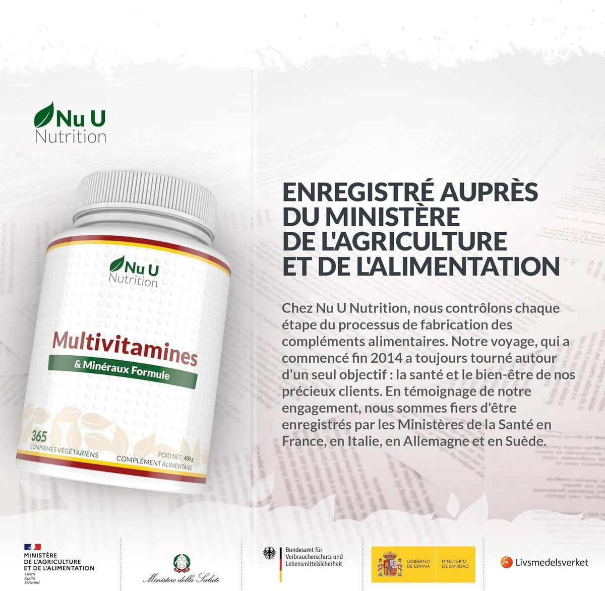 Multivitamines et Minéraux - 365 Comprimés (12 Mois) - 25 Nutriments dont Vit A B C D Fer Zinc Magnesium - Complément Alimentaire Homme et Femme - Vitamines, Minéraux et Compléments - Nu U Nutrition