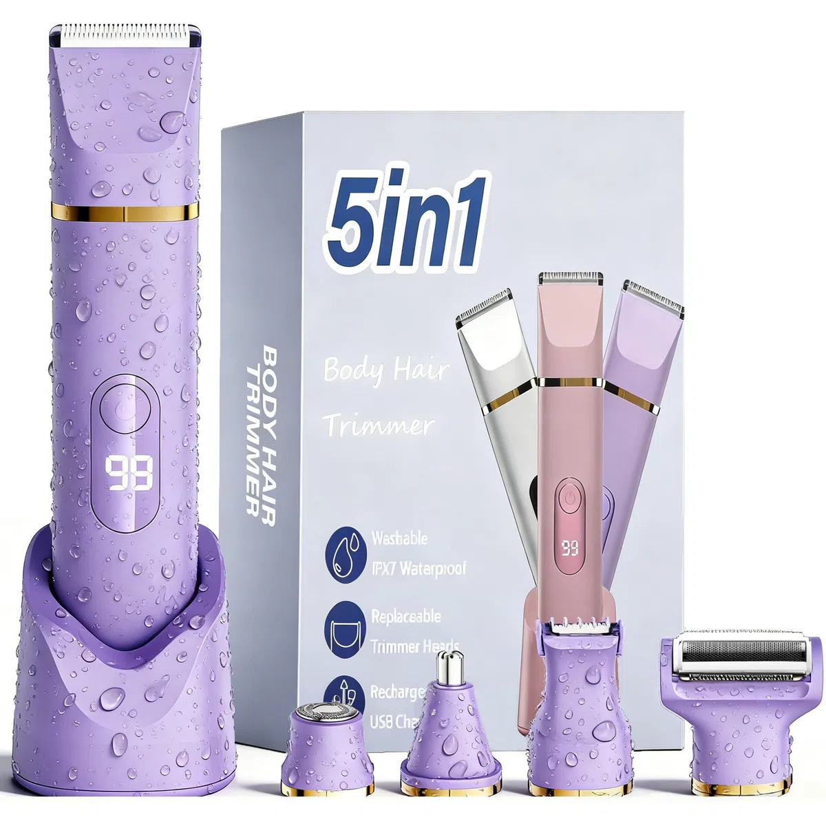 5 en 1 Rasoir Electrique Femme, Tondeuse Maillot humide/sèche, étanche IPX7, Tondeuse Femme Intime pour le visage, les aisselles, les jambes, les bras et le maillot (Violet)