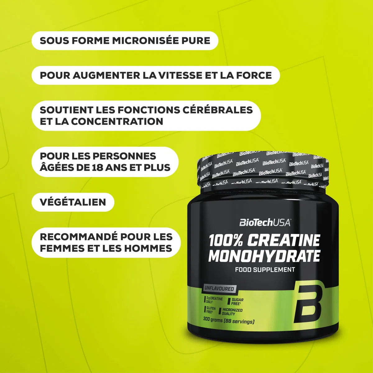 BioTechUSA 100% Creatine Monohydrate | Créatine de qualité pharmaceutique | Micronisée | Végétalienne | Sans gluten, 500 g, Non aromatisé