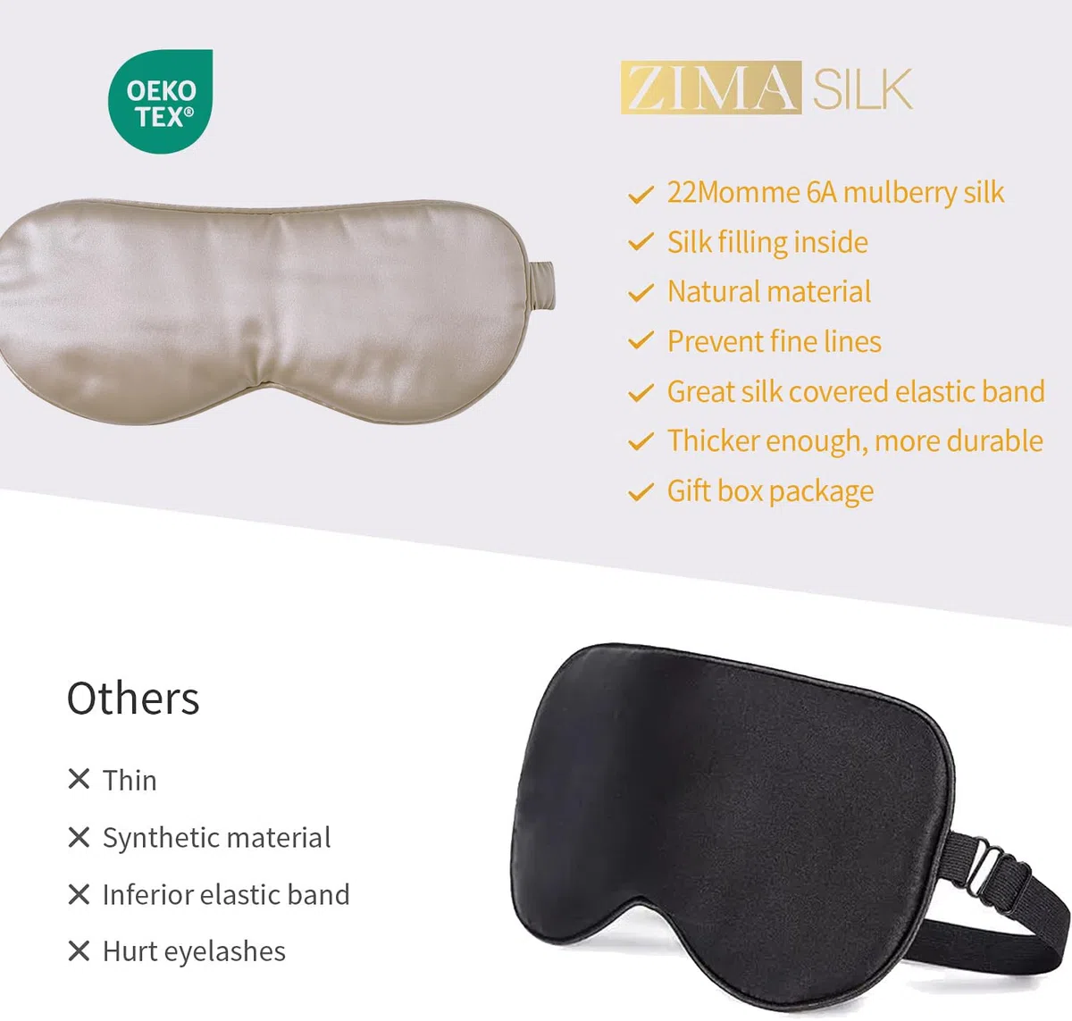 ZIMASILK Masque de sommeil 100% pure soie de mûrier 22 mommes, rempli de 100% soie de mûrier, sangle d'emballage en soie, masque de sommeil super doux et confortable pour dormir (beige)