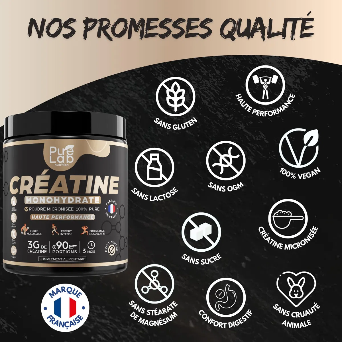 Créatine monohydrate poudre 100% pure de qualité micronisée - 90 portions - Haute Absorption - Performance, Force, Masse Musculaire et Efforts Intenses - 100% vegan