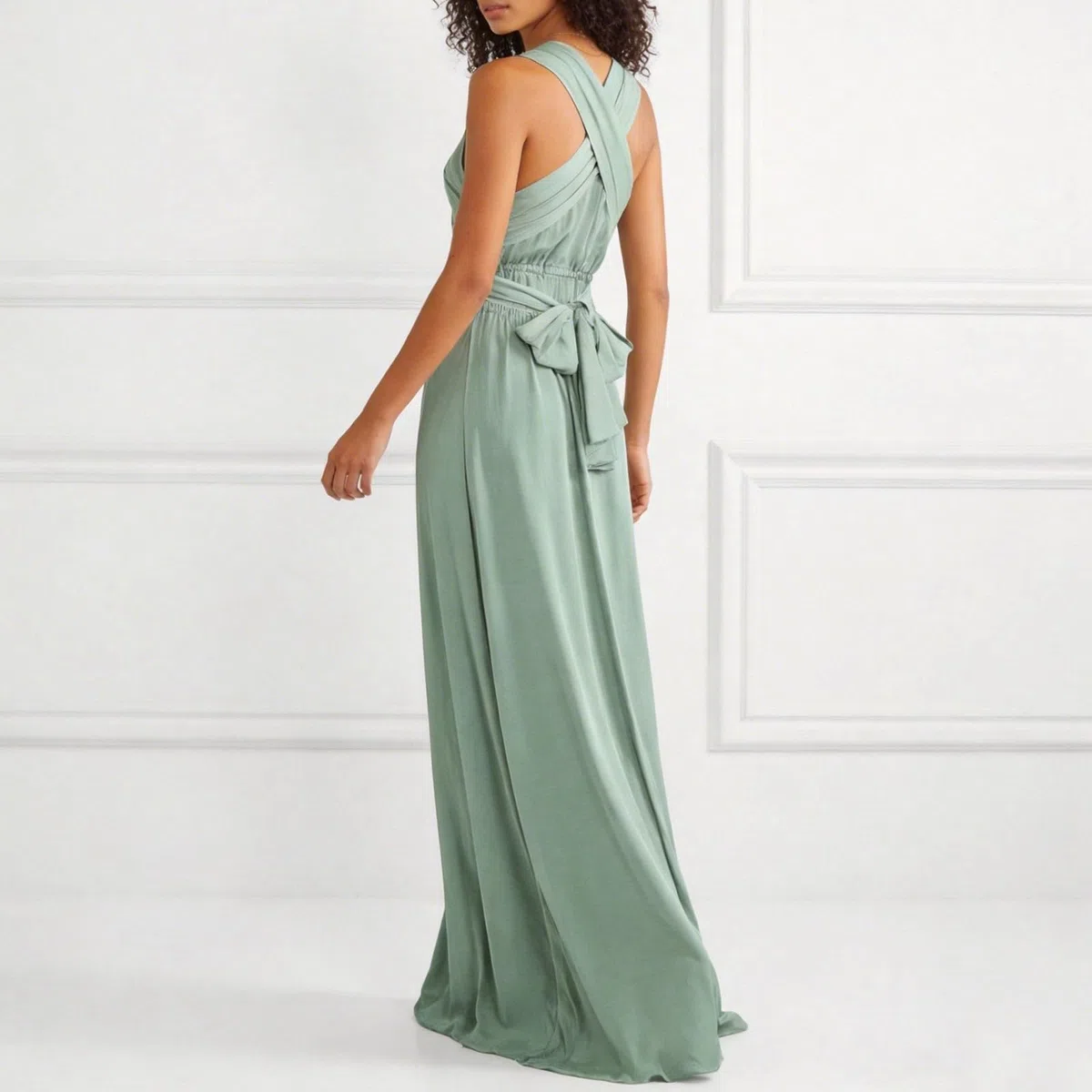 Generisch Robe maxi pour femme avec col en V en vert sauge - Robe de soirée sans manches avec taille empire - Élégante robe d'été longue au sol