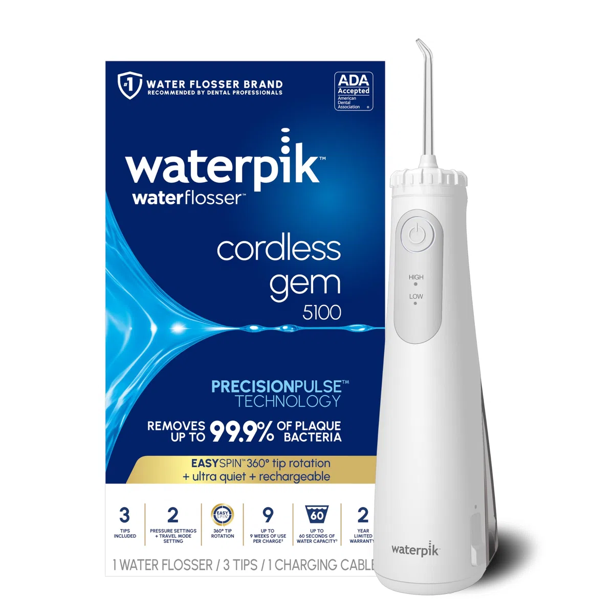 Waterpik Hydropulseur sans fil Gem 5100 pour voyage et maison, rechargeable, portable, étanche pour la douche, le soin quotidien des gencives, le nettoyage des dents, les appareils dentaires, les