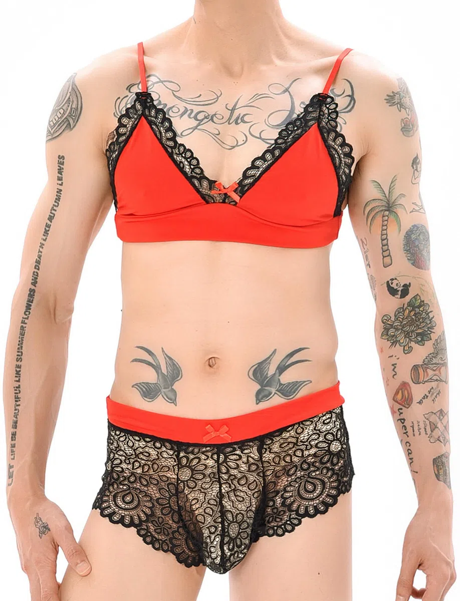 FEOYA Ensembles Lingeries Homme Sissy String Sexy Dentelle Transparent de 2 3 Pièces Vêtement de Nuit Crossdresser Sous-Vêtement Érotique Gay Bas de Pyjama S-3XL