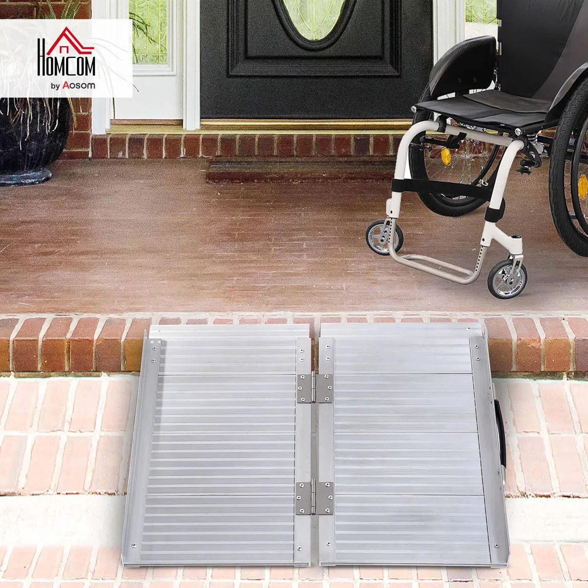 HOMCOM Rampe de Fauteuil Roulant Pliable Antidérapante 61x74 cm | Rampe de Chargement Sablage, Alliage d'Aluminium, Bordures de Sécurité, Stickers Réfléchissants, Charge Max. 270 Kg