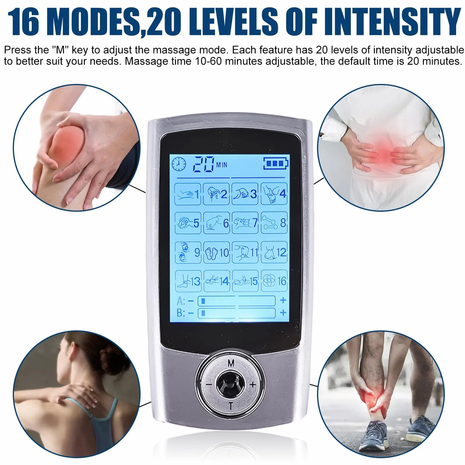 Appareil TENS - 16 modes - Électrodes de stimulation rechargeables contre la douleur - 16 programmes d'entraînement - 20 niveaux d'intensité - 2 canaux - Électrodes de qualité supérieure - Appareil