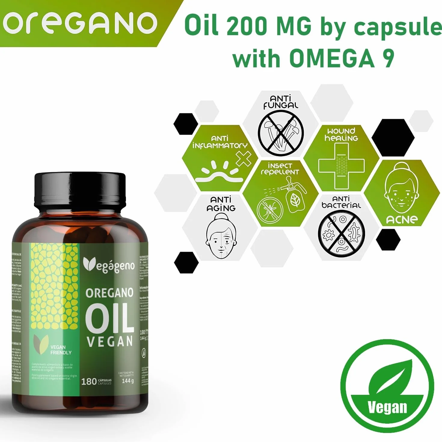 VEGAGENO - Huile Essentielle Origan | 180 Gélules Végétales, Complément Alimentaire à L'huile D'olive Extra Vierge et à L'huile Essentielle D'origan avec Oméga 9 et Carvacrol | Oregano Oil