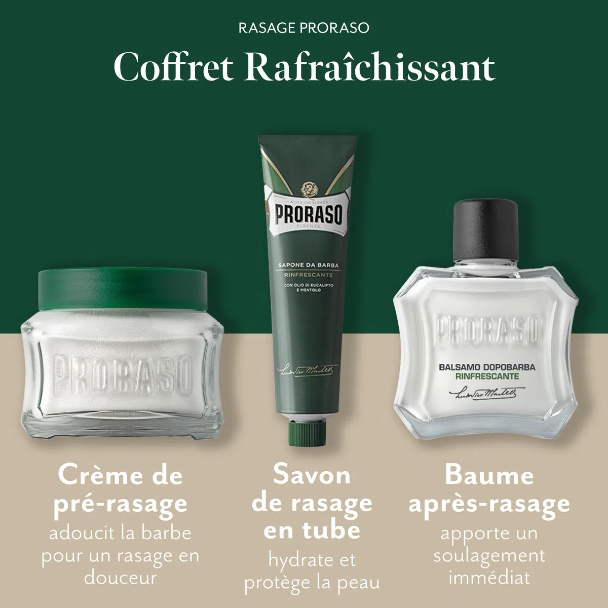 Proraso Coffret Cadeau Vintage « Gino », Kit de Rasage (3p) avec Crème Avant-Rasage, Crème à Raser & Baume Après-Rasage, Huile d'Eucalyptus & Menthol