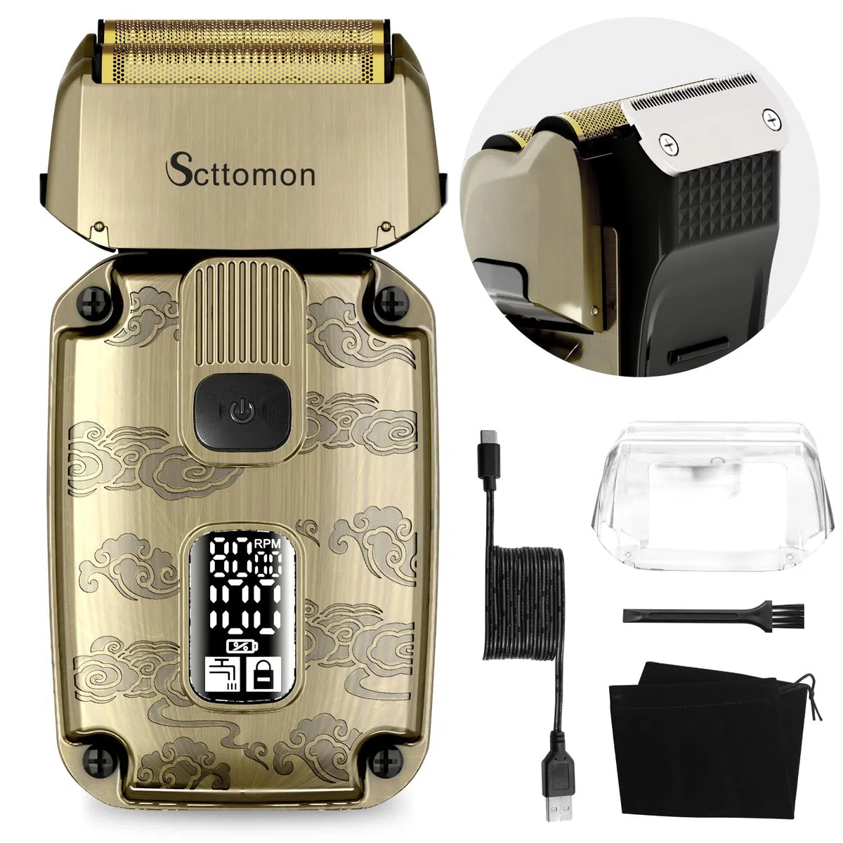 Scttomon Homme Feuille éLectrique Rasoir RéParation De Barbe Rasoir TêTe De Rasoir Tondeuse à Cheveux Sans Fil ImperméAble à L'Eau