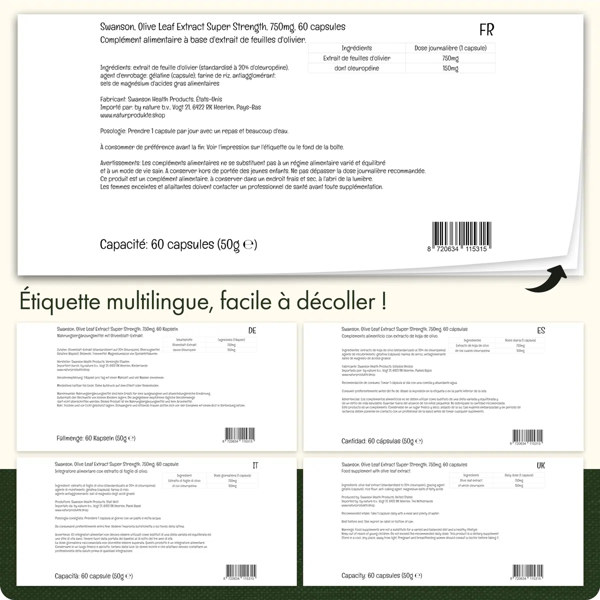 Swanson, Olive Leaf Extract (Extrait de Feuille d'Olivier), 750mg, 60 Capsules, Hautement Dosé, Testé en Laboratoire, Sans Soja, Sans Gluten, Sans OGM