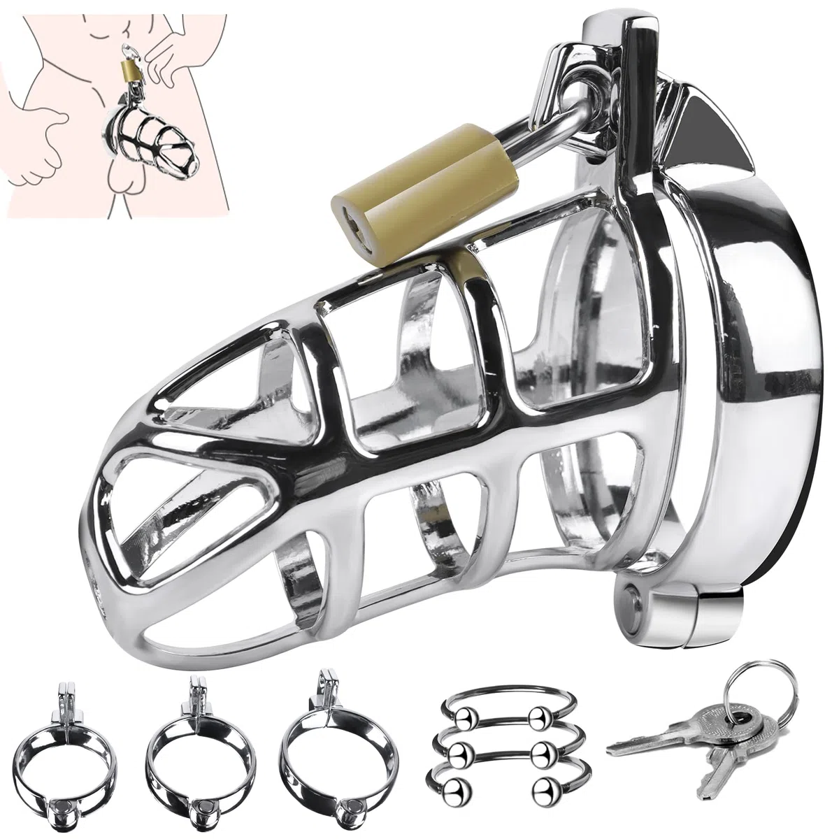 Cage de Chasteté Pénis Sex Toýs homme, Bondage Jouet Sexuel avec 3 Anneaux de Taille Active, 3 Anneaux Péniens en Métal, 2 Clés, Jouets pour Adultes pour Exercices Péniens et Abstinence