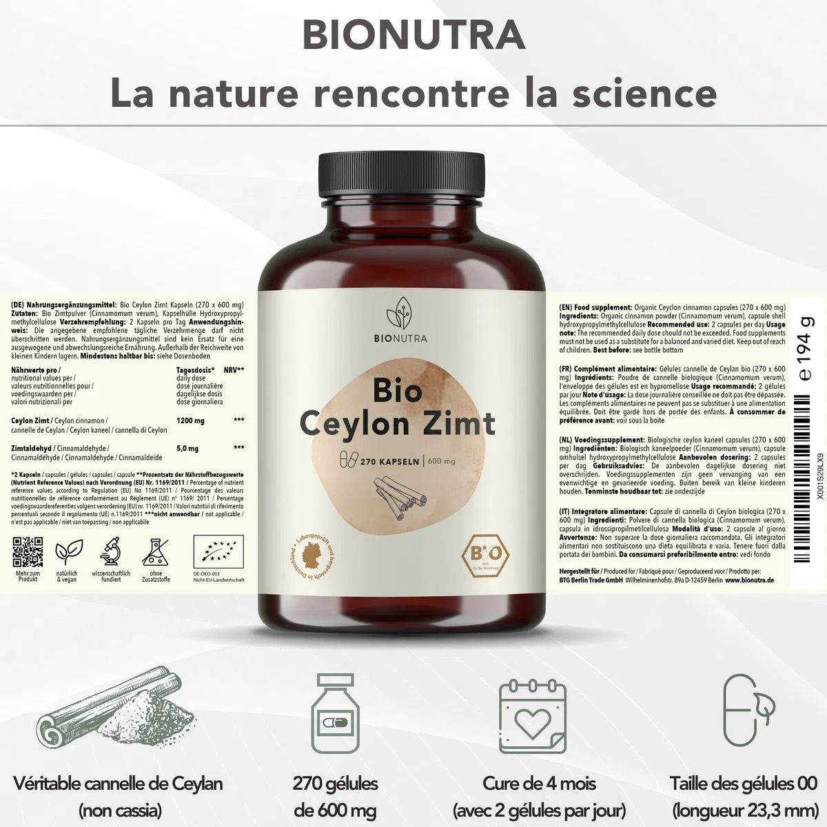 BIONUTRA Gélules de Cannelle de Ceylan Bio, 270 gélules de 600 mg | Poudre d’écorce de cannelle de Ceylan bio, contrôle des résidus, sans additifs, vegan, fabrication en Allemagne