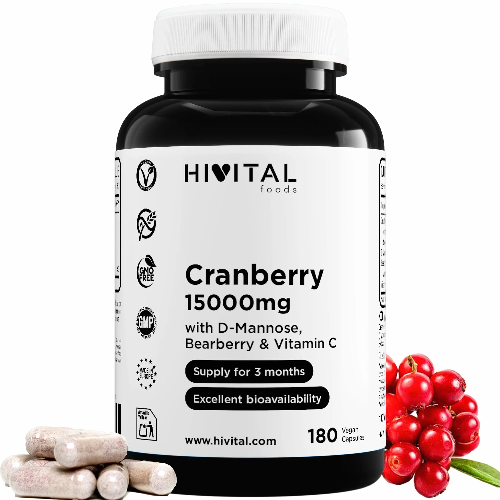 Canneberge Rouge Américaine 15000 mg. 180 gélules végétaliennes pour 3 mois de traitement. Avec D-Mannose, Busserole et Vitamine C. Canneberge 100% Naturelle. Fabriqué en Europe par HIVITAL