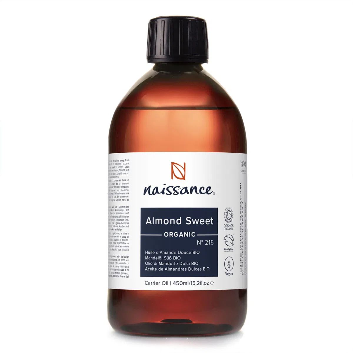Naissance Huile D’Amande Douce Certifiée BIO (No. 215) Pressée À Froid - 450ml - Hydratant Naturelle, Végan, Sans Odeur - Lubrifiant Pour Massage - Pour Corps, Visage, Cheveux, Ongle
