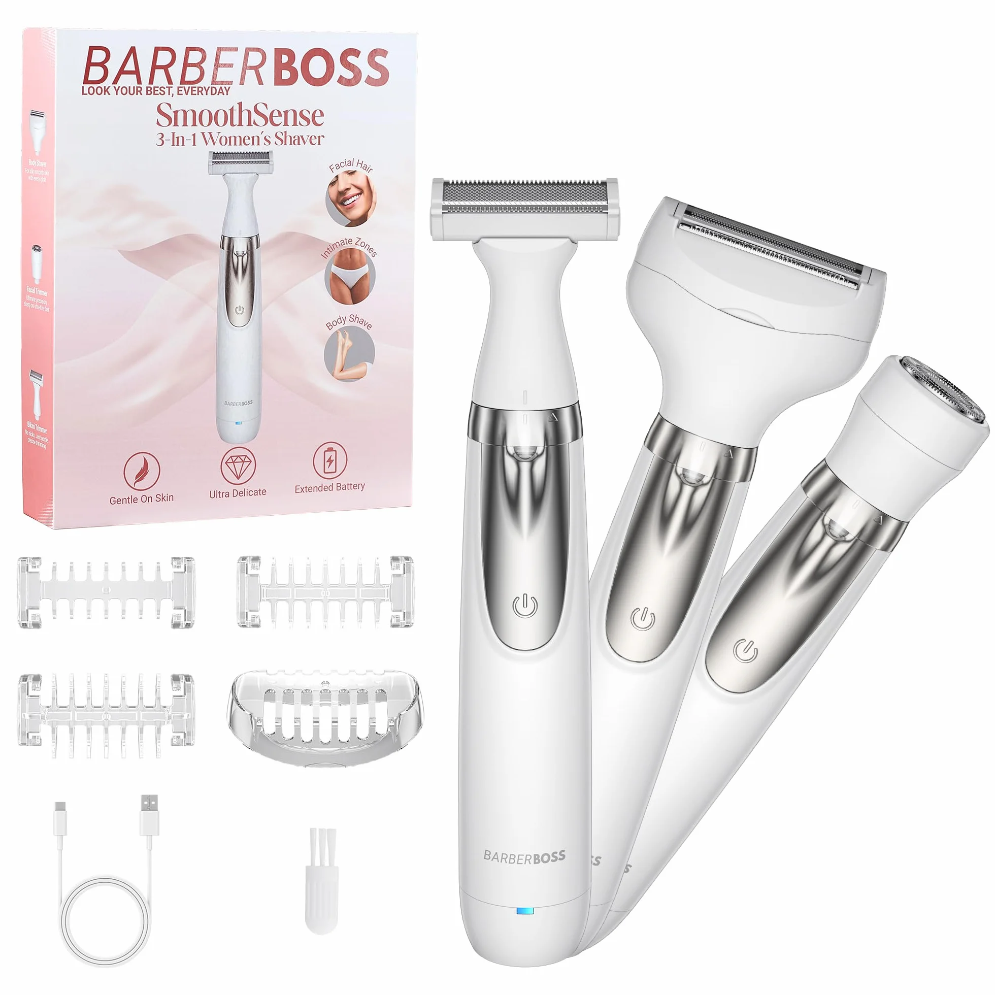 BarberBoss Rasoir électrique pour femme, portable 3 en 1 pour femme, rasoir corps, bikini et visage, rasoir sans fil, épilation visage, rechargeable par USB, QR-8003 | Rasoir portable, pour le corps, le bikini et le visage, sans fil, rasoir humide et sec,