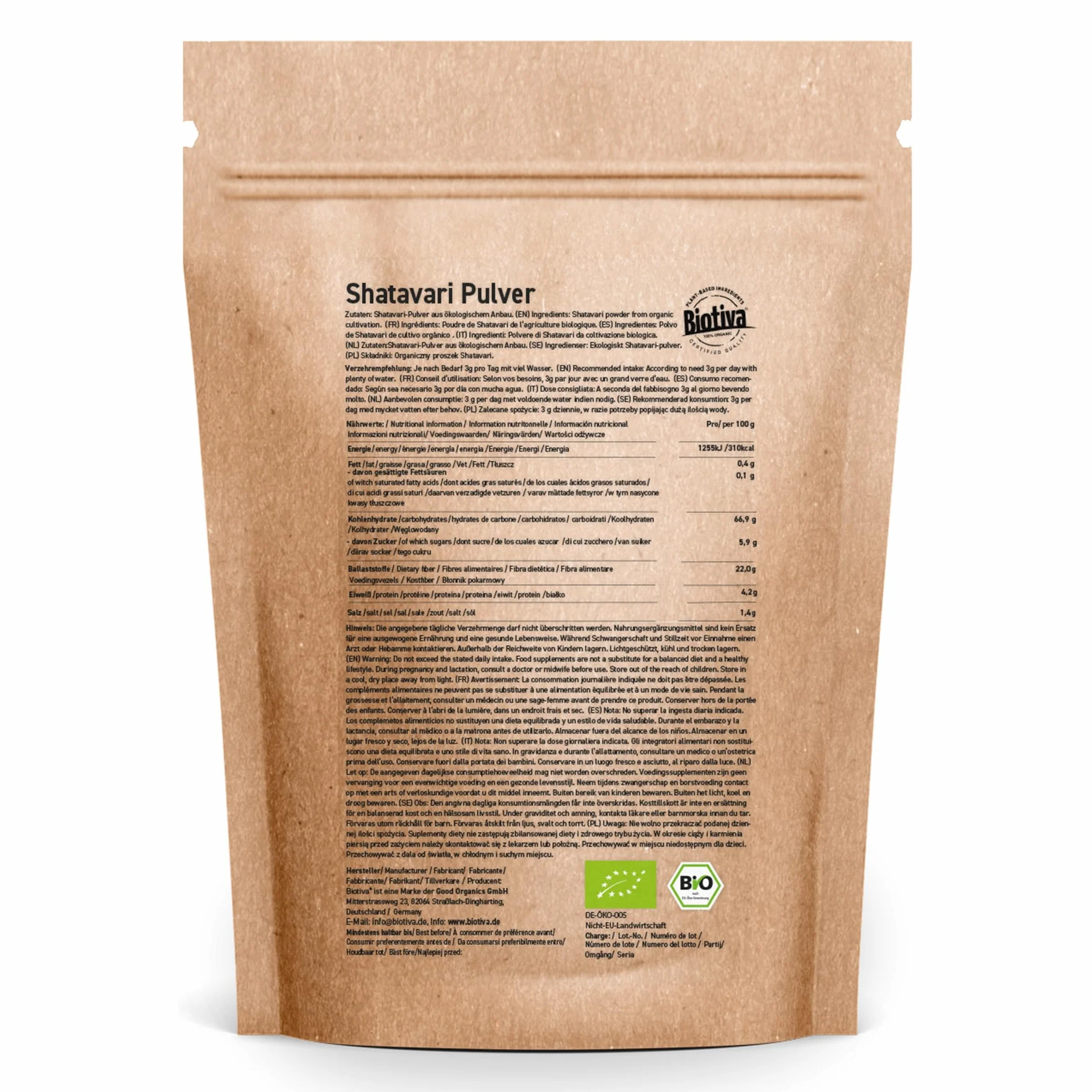 Shatavari poudre bio 500g (2x250g) - asperge indienne - Asparagus Racemosu - Ayurveda - conditionné et certifié en Allemagne- Biotiva