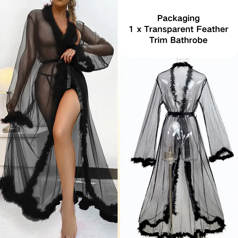 Femme Sexy Transparent Plumes Peignoir de Bain Maille Dentelle Kimono Robe Col en V Mariée Nuisette Extra Longue Cache-Maillot Perspective Lingerie Légère Bikini Cardigan Peignoirs (Noir)