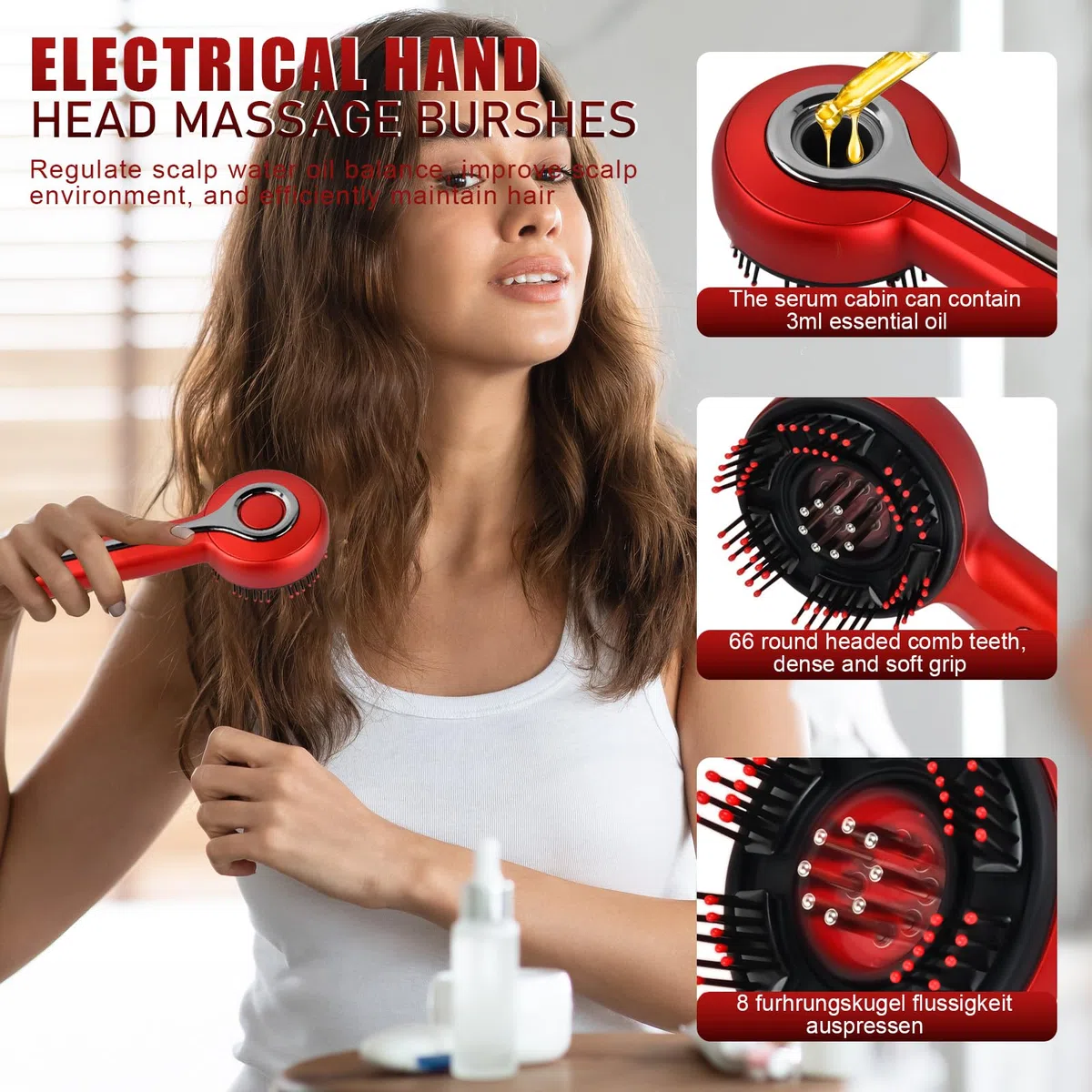 Brosse Massage Cuir Chevelu Pousse Cheveux, 3 in 1 Masseur Tete Cheveux à Lumière Rouge, Peigne de Massage Electrique, Étanchéité IPX7 avec 3 Modes et Distributeur d'Huile Capillaire 3ML (Noir)