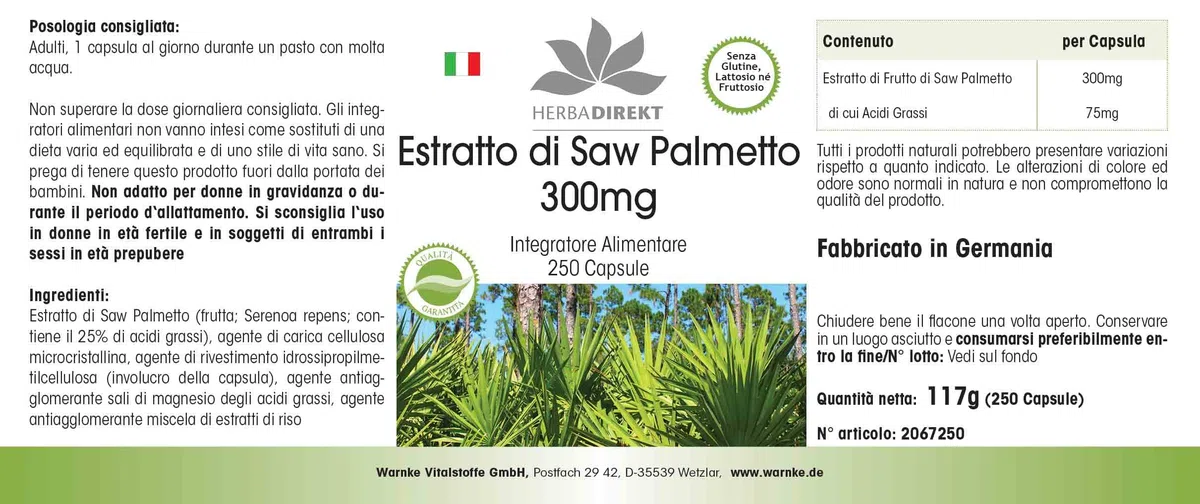 Extrait de palmier nain 300mg - avec bêta-sitostérol - grand emballage - 250 gélules | Herba Direkt - Qualité des pharmacies allemandes
