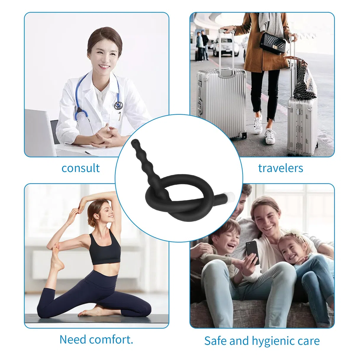 Set de Douche 4 Trous Pulvérisateur Lavement Tuyau Confort Silicone Buse Lavement Accessoire Femme Homme 58cm + 150cm Tuyau (Noir)