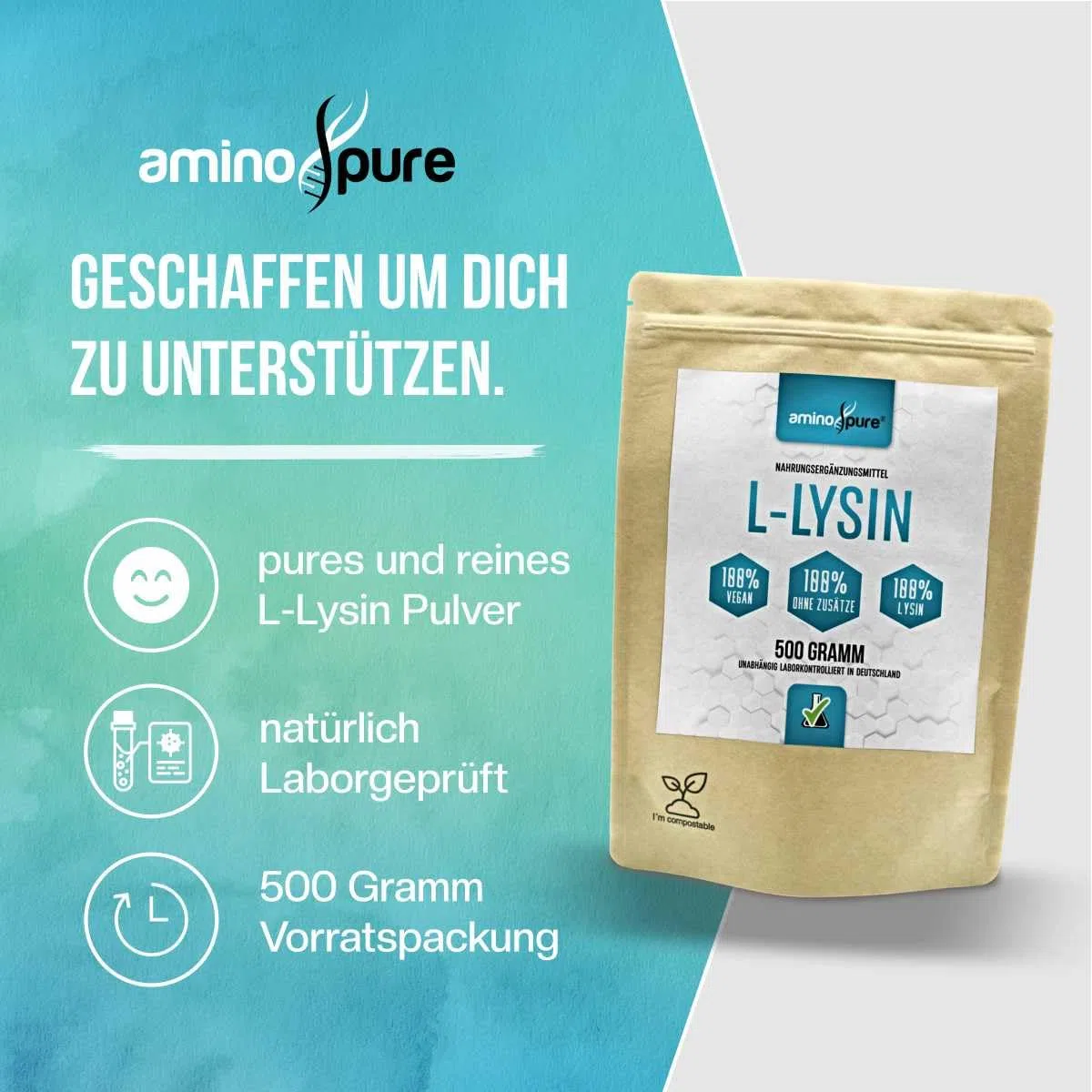 Poudre de lysine pure | L-lysine pure sans additifs | 250 portions (2 grammes par jour) | 100 % végétalien et testé en laboratoire avec certificat | 500 g