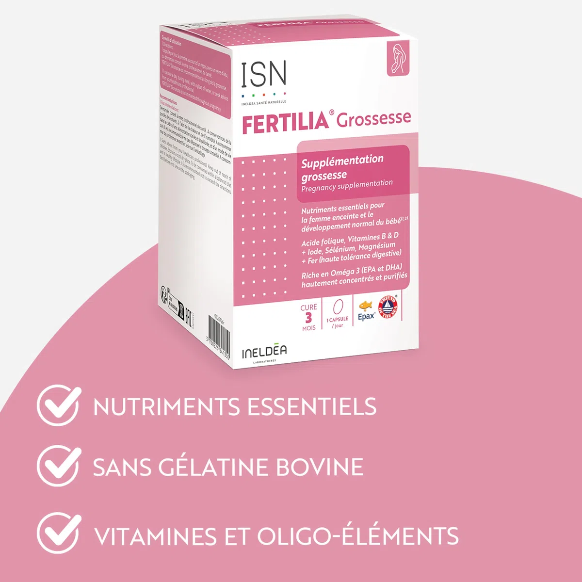 ISN - Fertilia® Grossesse - Complément alimentaire à base de nutriments essentiels pour le bien-être de la femme enceinte & le développement de bébé - Riche en Omega 3 - Cure 3 mois