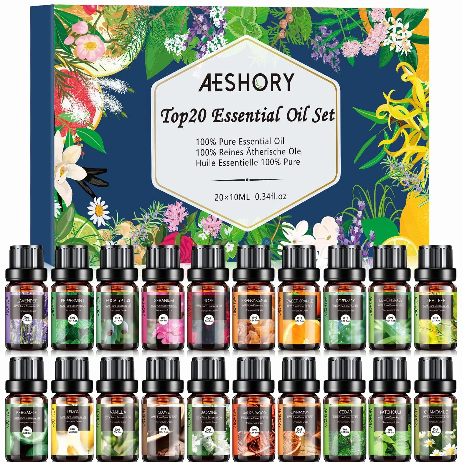 AESHORY Kit Huiles Essentielles 20 X 10ML, Huiles Essentielles Naturelle Aromathérapie pour Diffuseurs, pour SPA, Massage, Idéal Cadeaux Faits Main pour Fêtes - Citron, Rose, Bois de Santal, Jasmin