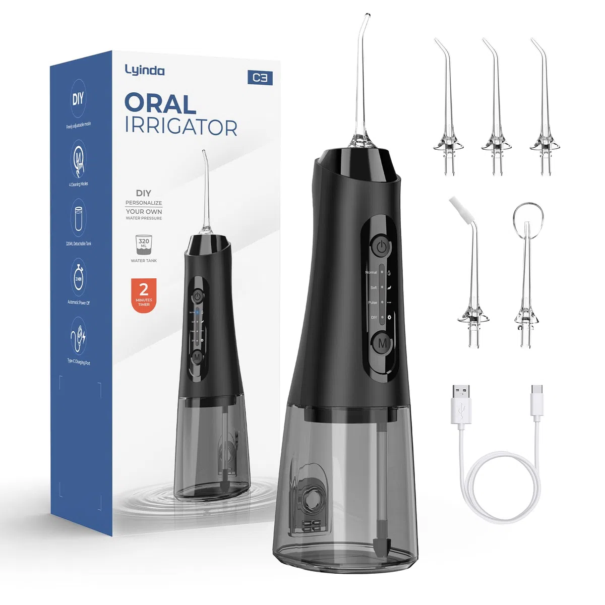 Hydropulseur Jet Dentaire, 320ML Réservoir Amovible, Étanche IPX7 Irrigateur Oral, 4 Modes de Nettoyage, 5 Buses Portable Water Flosser, Irrigateur Dentaire pour la Maison et Les Voyages, Noir