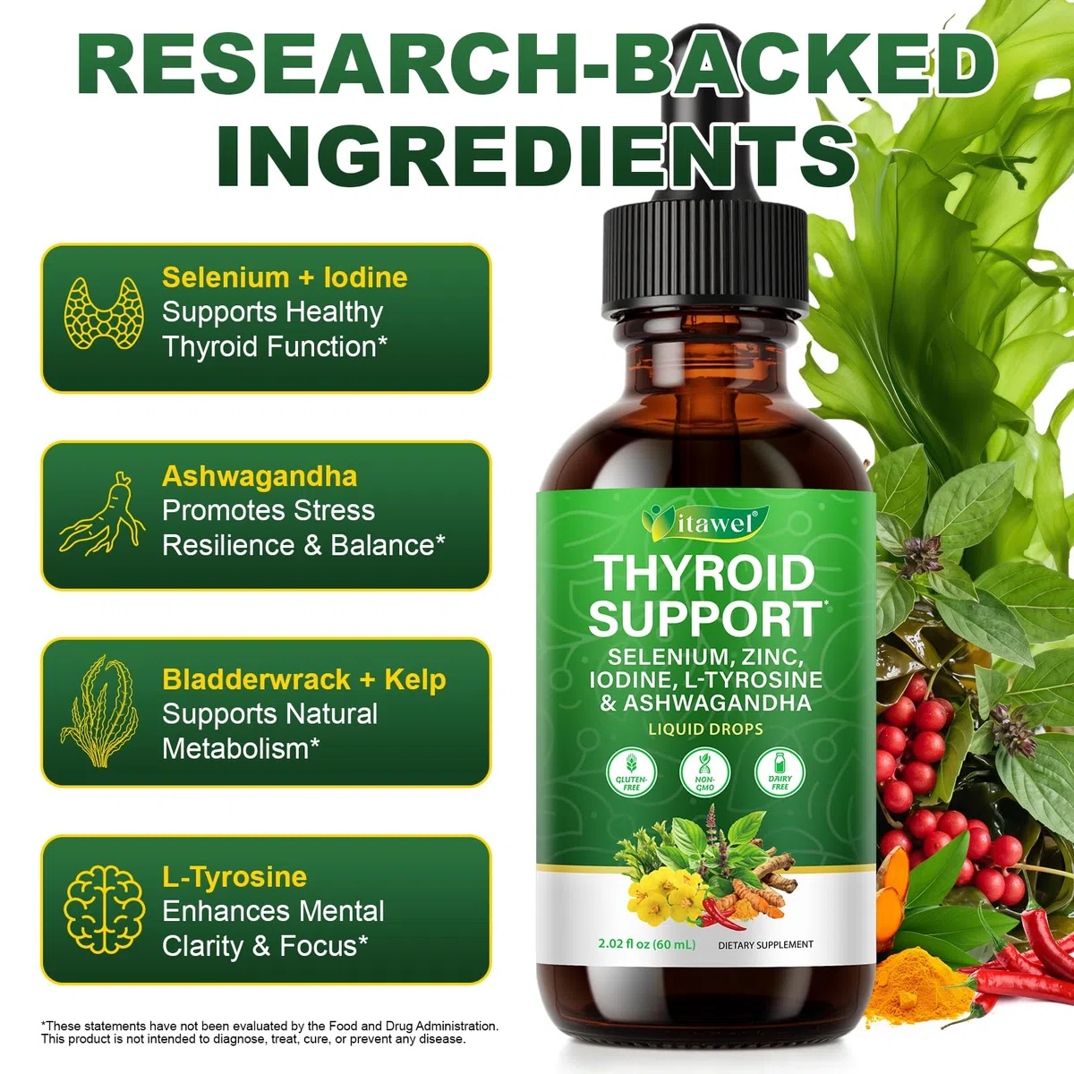 Thyroid Support Gouttes liquides 60 ml – Sélénium, zinc, iode, L-tyrosine et Ashwagandha pour l'équilibre hormonal, le métabolisme et la santé thyroïdienne