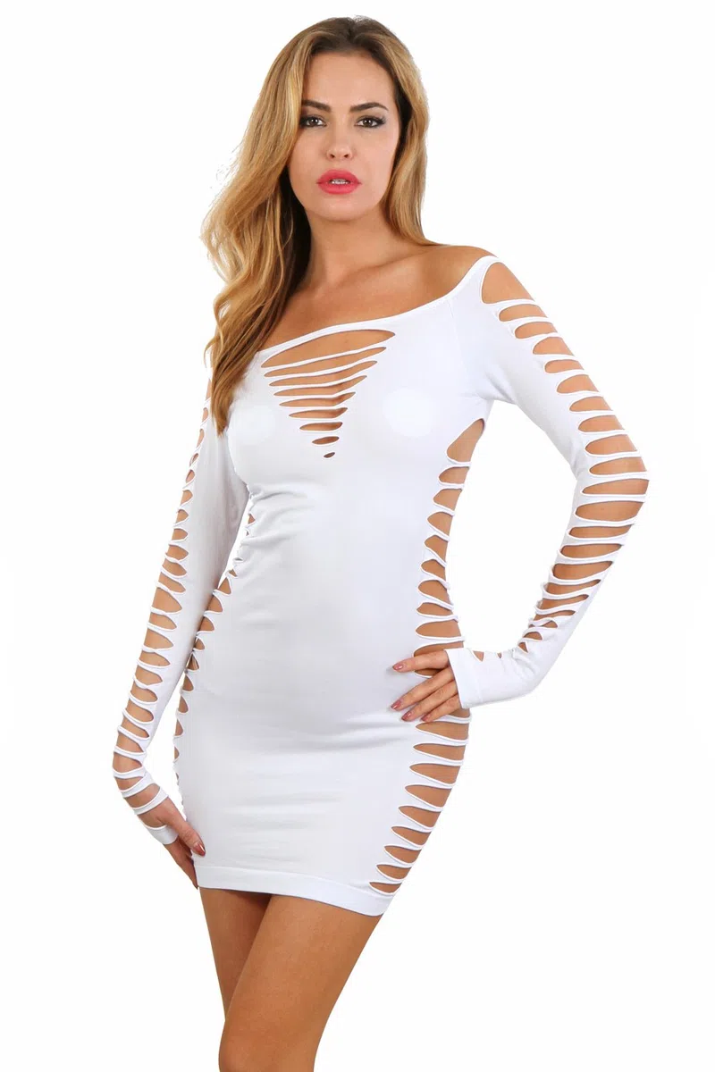 MISS NOIR Sexy Robe Résille Femme, Èlastique et Flexible, Taille Unique, Robe Clubwear à Manches Longues, Blanc (B6043-WH), Taille Unique