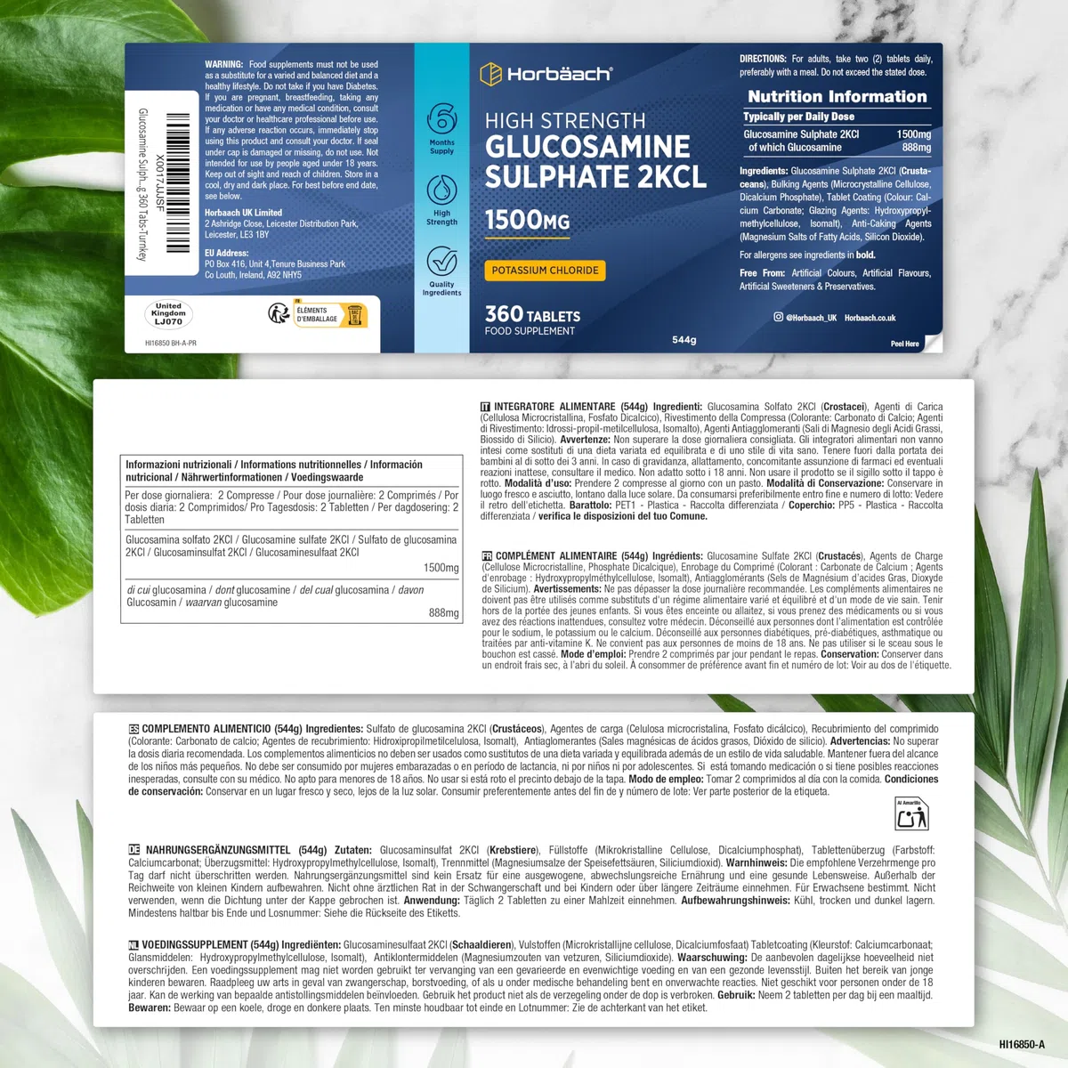 Glucosamine Sulfate 1500mg 2KCl | 360 Comprimés | Complément Alimentaire à Haute Dose | Glucosamine Sulphate Supplement | by Horbaach