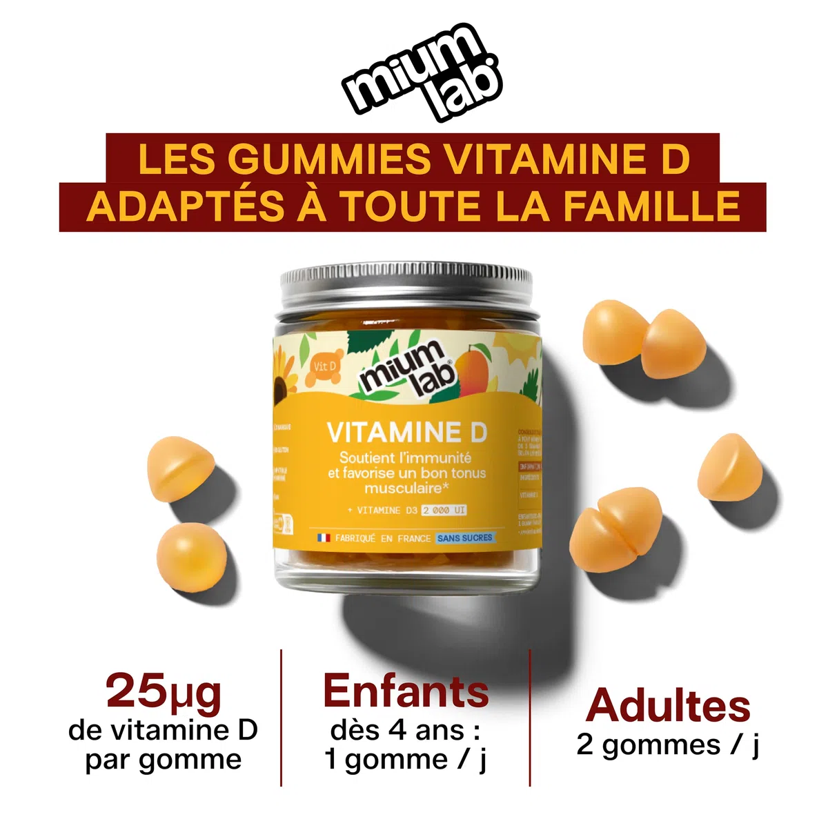 Mium Lab - Vitamine D3 (2000UI) - Hautement dosé et absorbé - Système Immunitaire, Soutient des os, des muscles, Croissance - Enfants & Adultes - Cure 21 jours - Gummies sans sucres Fabriqué en France